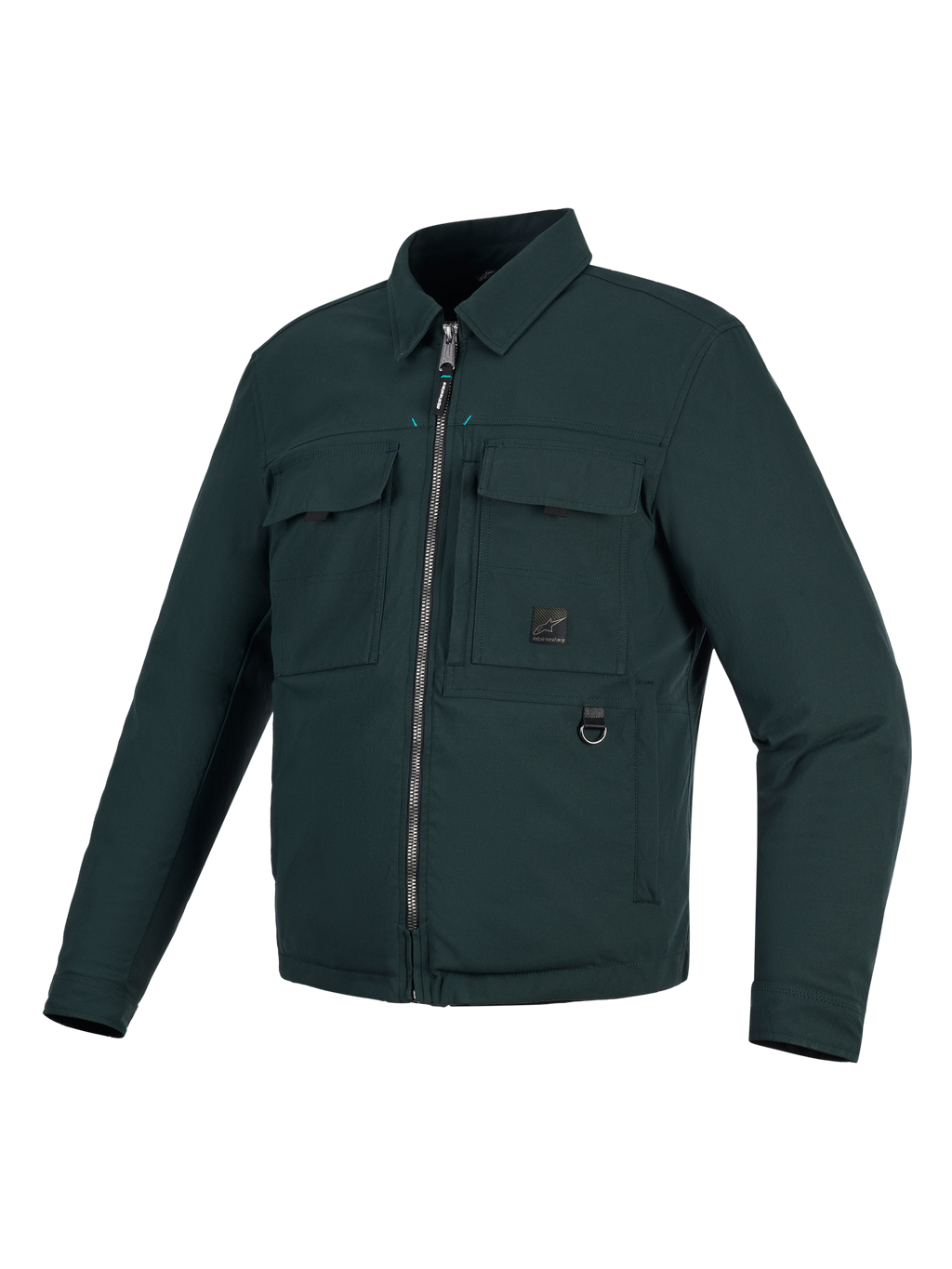 Alpinestars Bryon Water Resistant Overshirt, giacca da moto, verde Dark Emerald, design ispirato all'abbigliamento da lavoro in tela cerata, due tasche cargo sul petto, anello a D in metallo e cerniera frontale a tutta lunghezza.