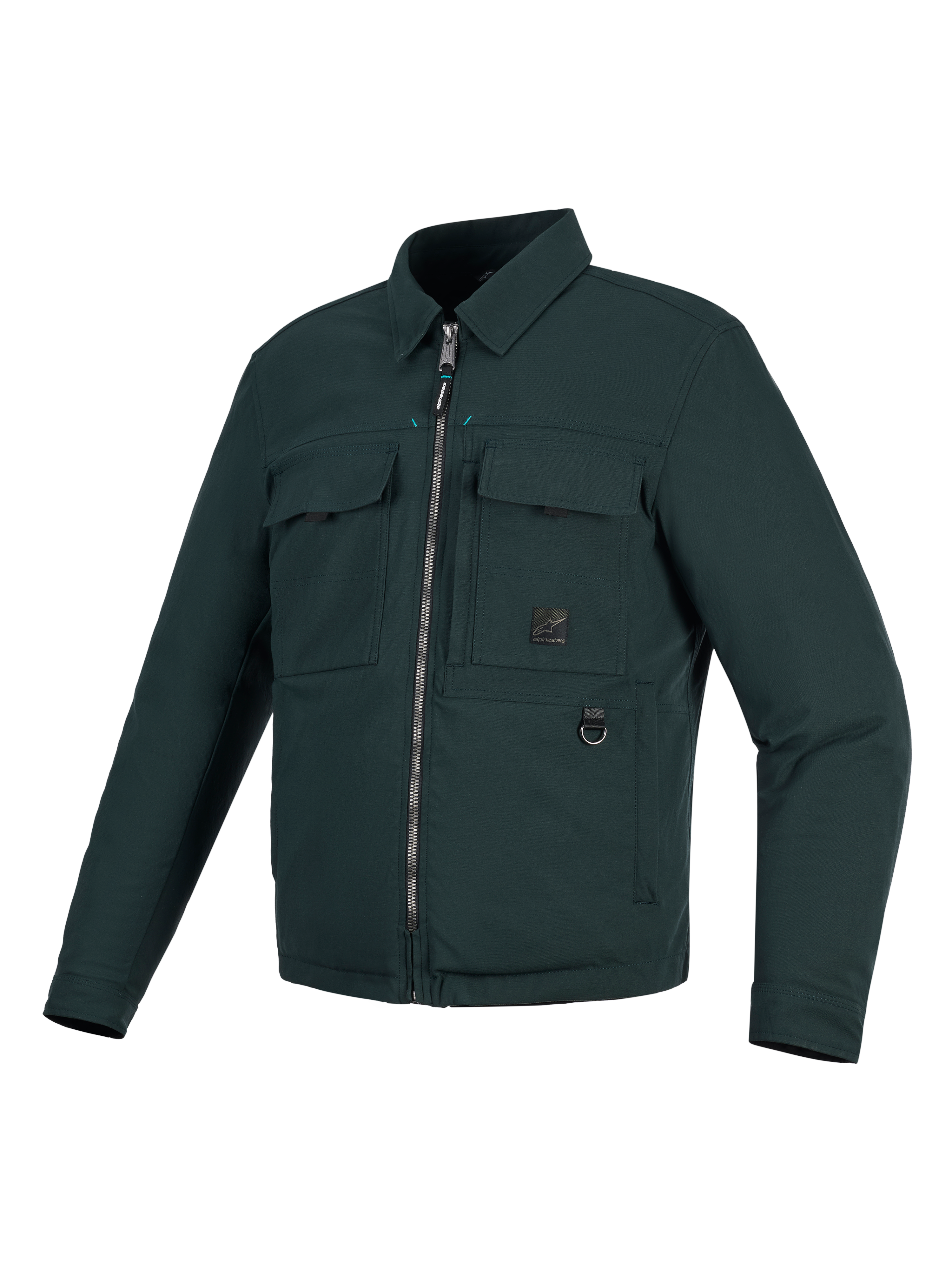 Alpinestars Bryon Water Resistant Overshirt, giacca da moto, verde Dark Emerald, design ispirato all'abbigliamento da lavoro in tela cerata, due tasche cargo sul petto, anello a D in metallo e cerniera frontale a tutta lunghezza.