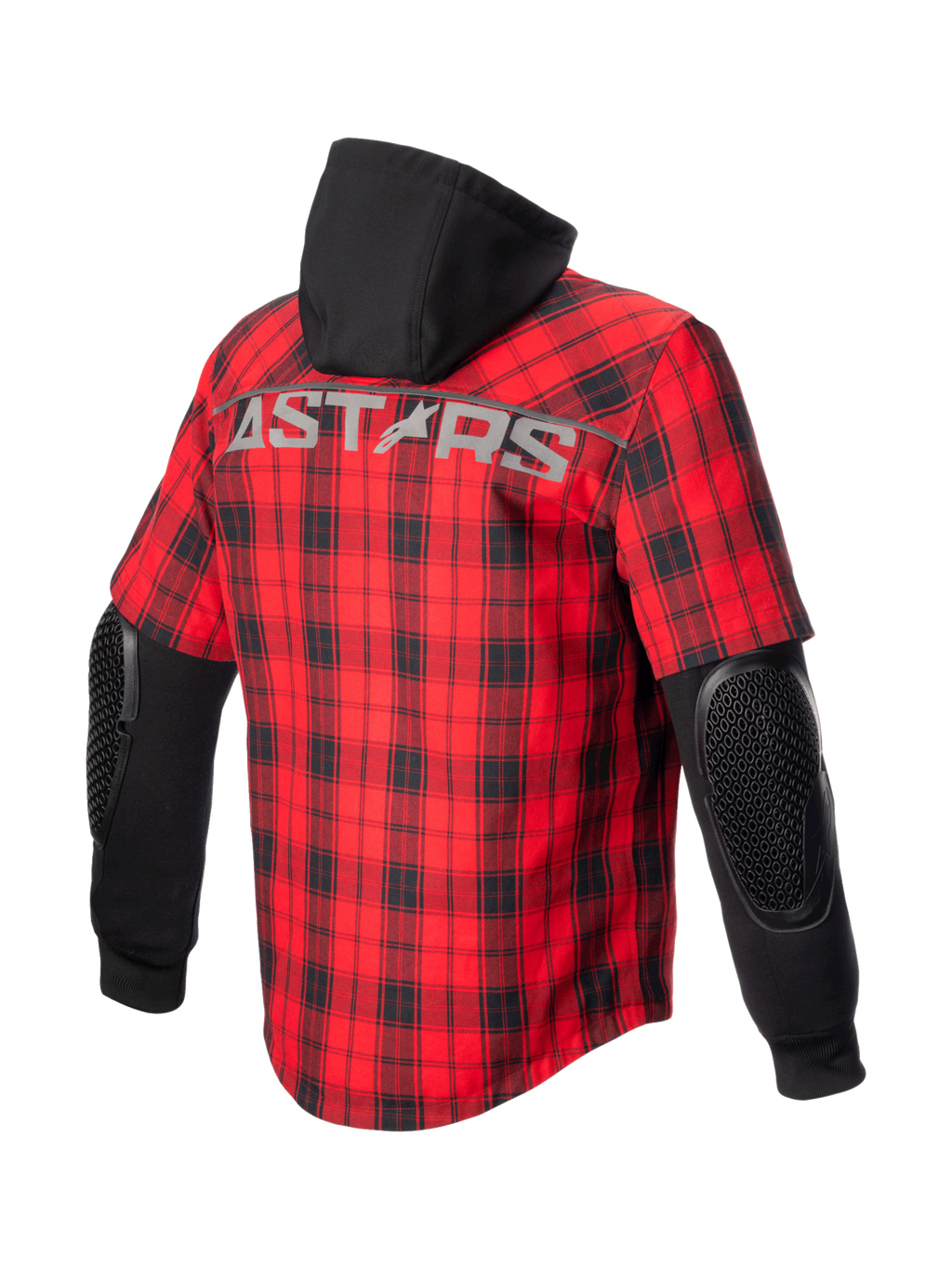 Alpinestars Camicia MO.ST.EQ Tartan, giacca da moto urban da uomo, rosso e nero, con protezioni gomiti a vista e cappuccio fisso nero, vista posteriore con logo Astars, stile streetwear per motociclisti.