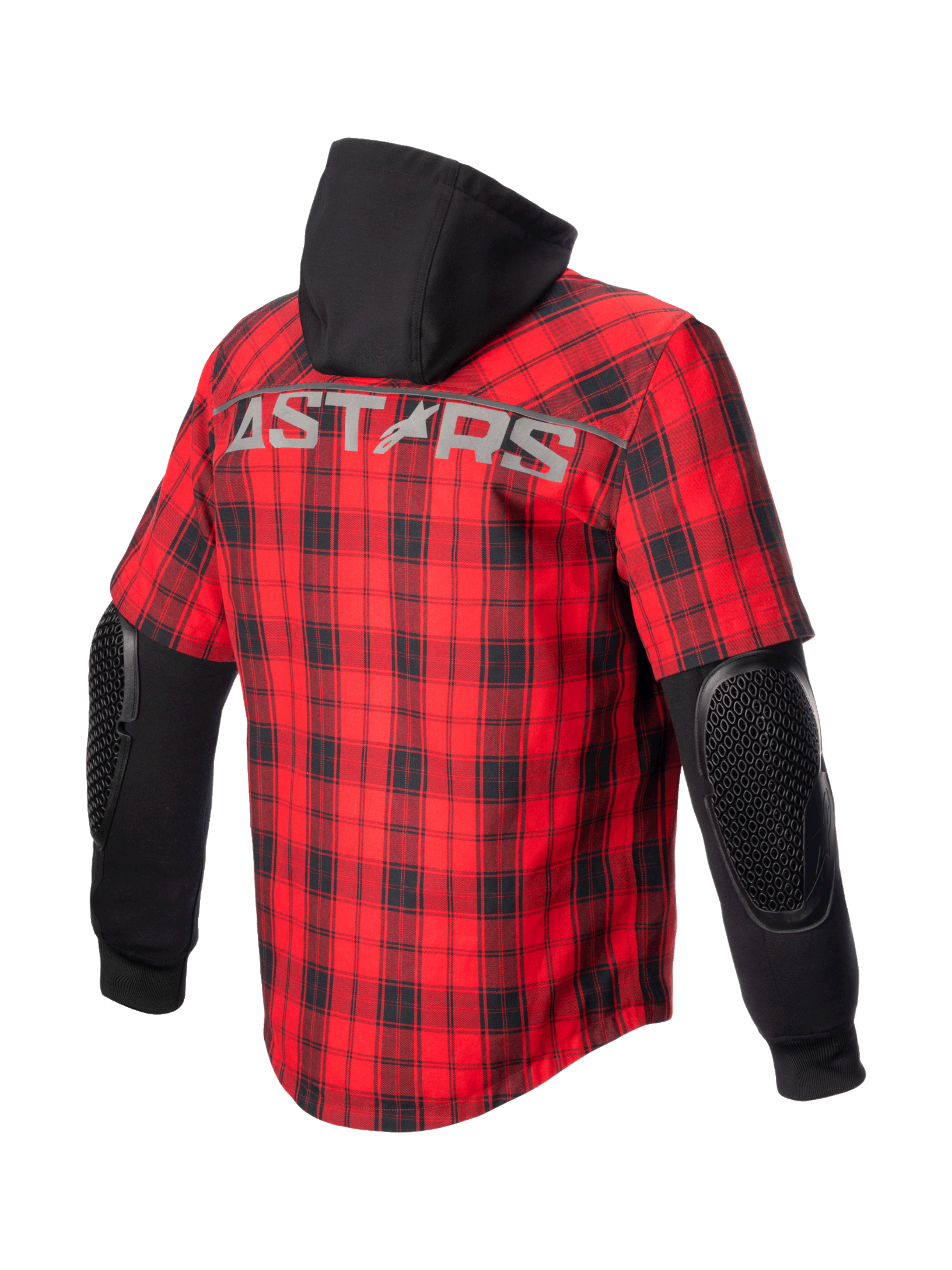 Alpinestars Camicia MO.ST.EQ Tartan, giacca da moto urban da uomo, rosso e nero, con protezioni gomiti a vista e cappuccio fisso nero, vista posteriore con logo Astars, stile streetwear per motociclisti.
