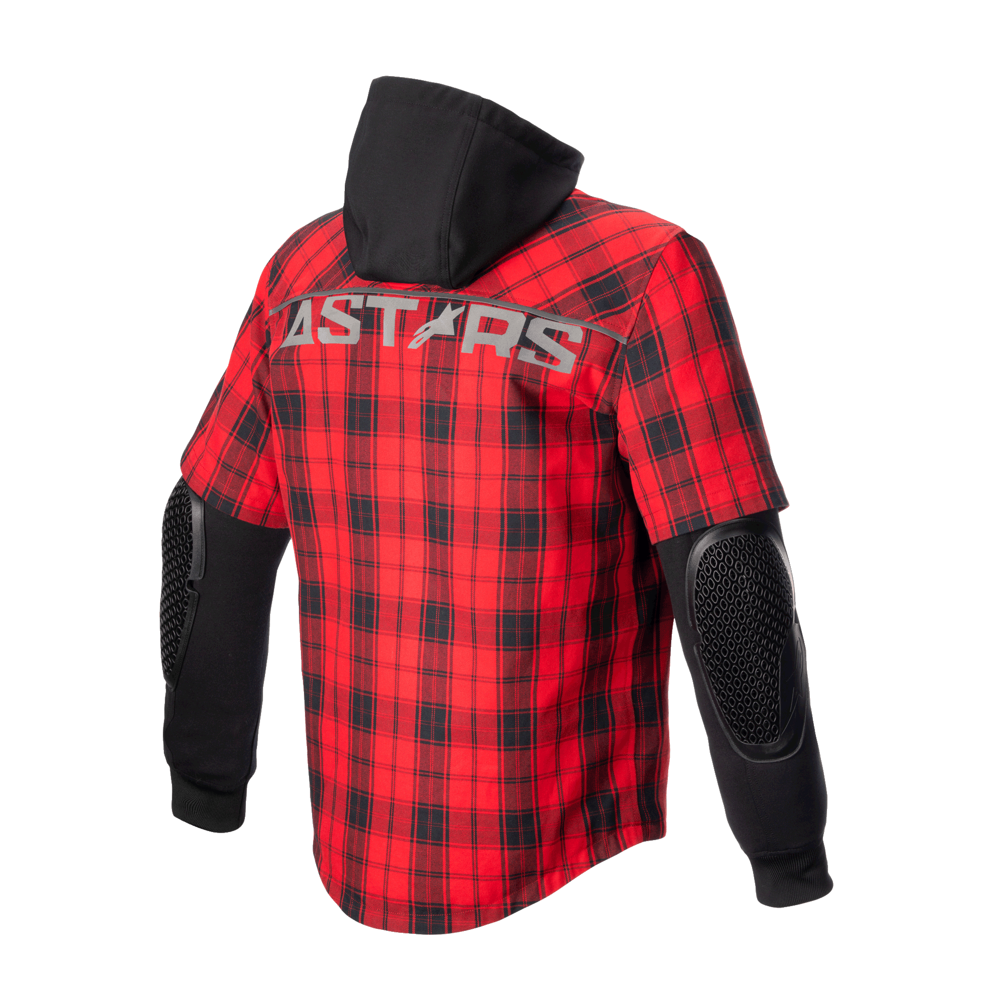 Alpinestars MO.ST.EQ Tartan Shirt, giacca-camicia da moto, Rosso Flame e Nero, vista posteriore con motivo a quadri rosso, cappuccio nero, maniche lunghe nere con protezioni gomiti a nido d'ape a vista e marchio ASTARS sulle spalle