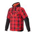 Alpinestars MO.ST.EQ Tartan Shirt, camicia da moto a quadri rosso fiamma e nero, design ibrido con maniche esterne corte e maniche interne lunghe nere, cappuccio nero con fodera in mesh arancione, chiusura frontale con bottoni a pressione e tasche per le mani con zip, abbigliamento protettivo da moto urban streetwear