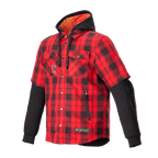 Alpinestars MO.ST.EQ Tartan Shirt, camicia da moto a quadri rosso fiamma e nero, design ibrido con maniche esterne corte e maniche interne lunghe nere, cappuccio nero con fodera in mesh arancione, chiusura frontale con bottoni a pressione e tasche per le mani con zip, abbigliamento protettivo da moto urban streetwear