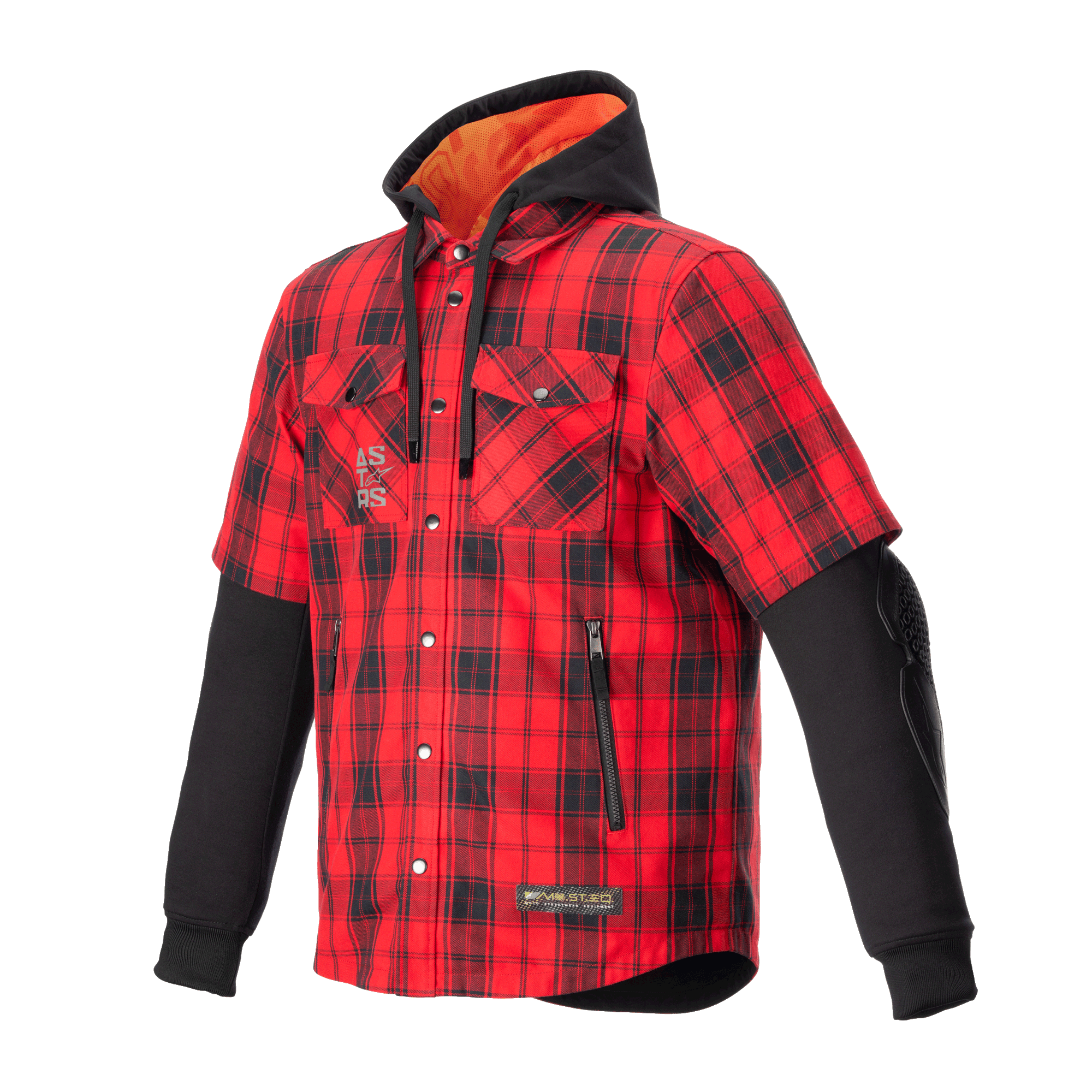 Alpinestars MO.ST.EQ Tartan Shirt, camicia da moto a quadri rosso fiamma e nero, design ibrido con maniche esterne corte e maniche interne lunghe nere, cappuccio nero con fodera in mesh arancione, chiusura frontale con bottoni a pressione e tasche per le mani con zip, abbigliamento protettivo da moto urban streetwear
