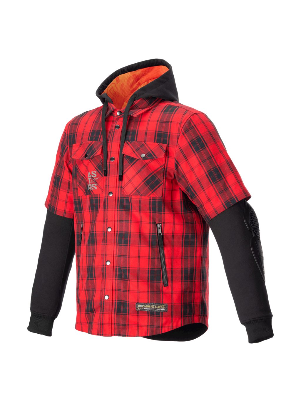 Alpinestars Camicia MO.ST.EQ Tartan, giacca da moto urban da uomo, rossa e nera a scacchi, stile ibrido con cappuccio integrato e protezioni gomiti esposte, certificata CE.