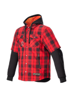Alpinestars Camicia MO.ST.EQ Tartan, giacca da moto urban da uomo, rossa e nera a scacchi, stile ibrido con cappuccio integrato e protezioni gomiti esposte, certificata CE.