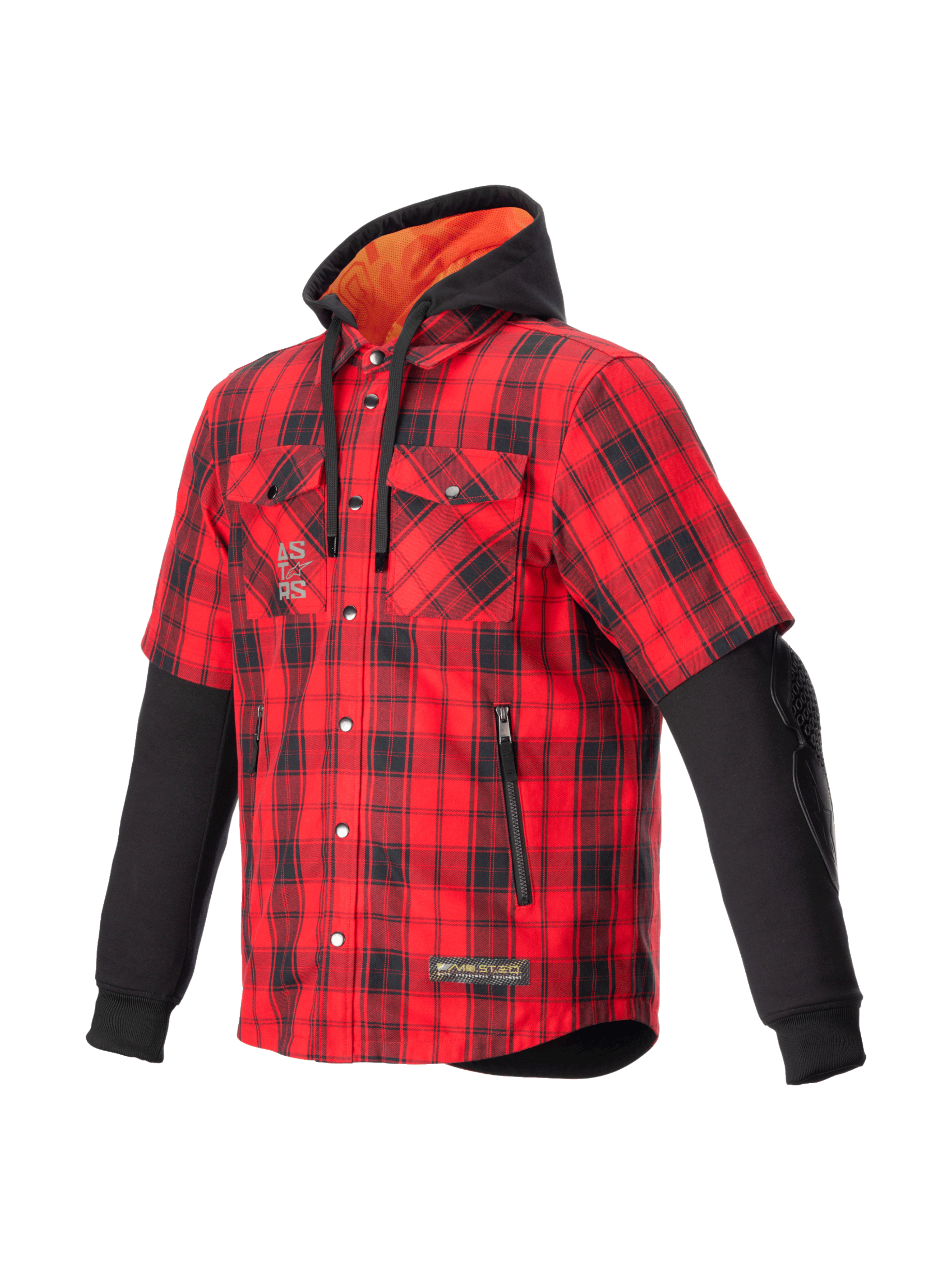 Alpinestars Camicia MO.ST.EQ Tartan, giacca da moto urban da uomo, rossa e nera a scacchi, stile ibrido con cappuccio integrato e protezioni gomiti esposte, certificata CE.