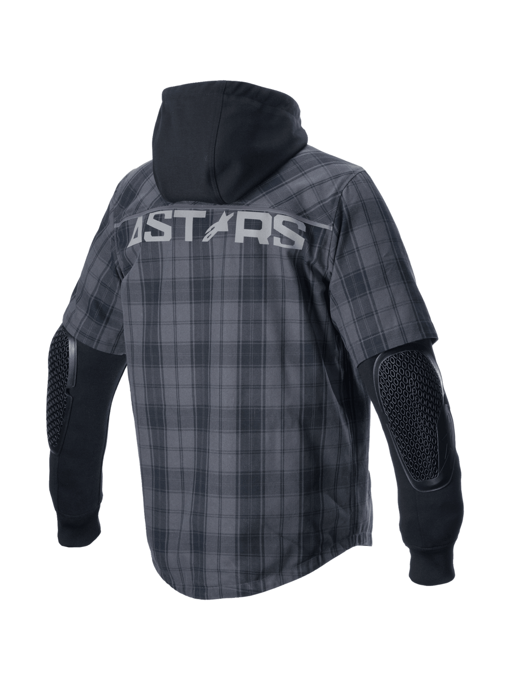 Alpinestars camicia MO.ST.EQ Tartan grigia e nera, giacca da moto urban con cappuccio, protezioni esposte e logo Astars.
