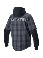 Alpinestars camicia MO.ST.EQ Tartan grigia e nera, giacca da moto urban con cappuccio, protezioni esposte e logo Astars.