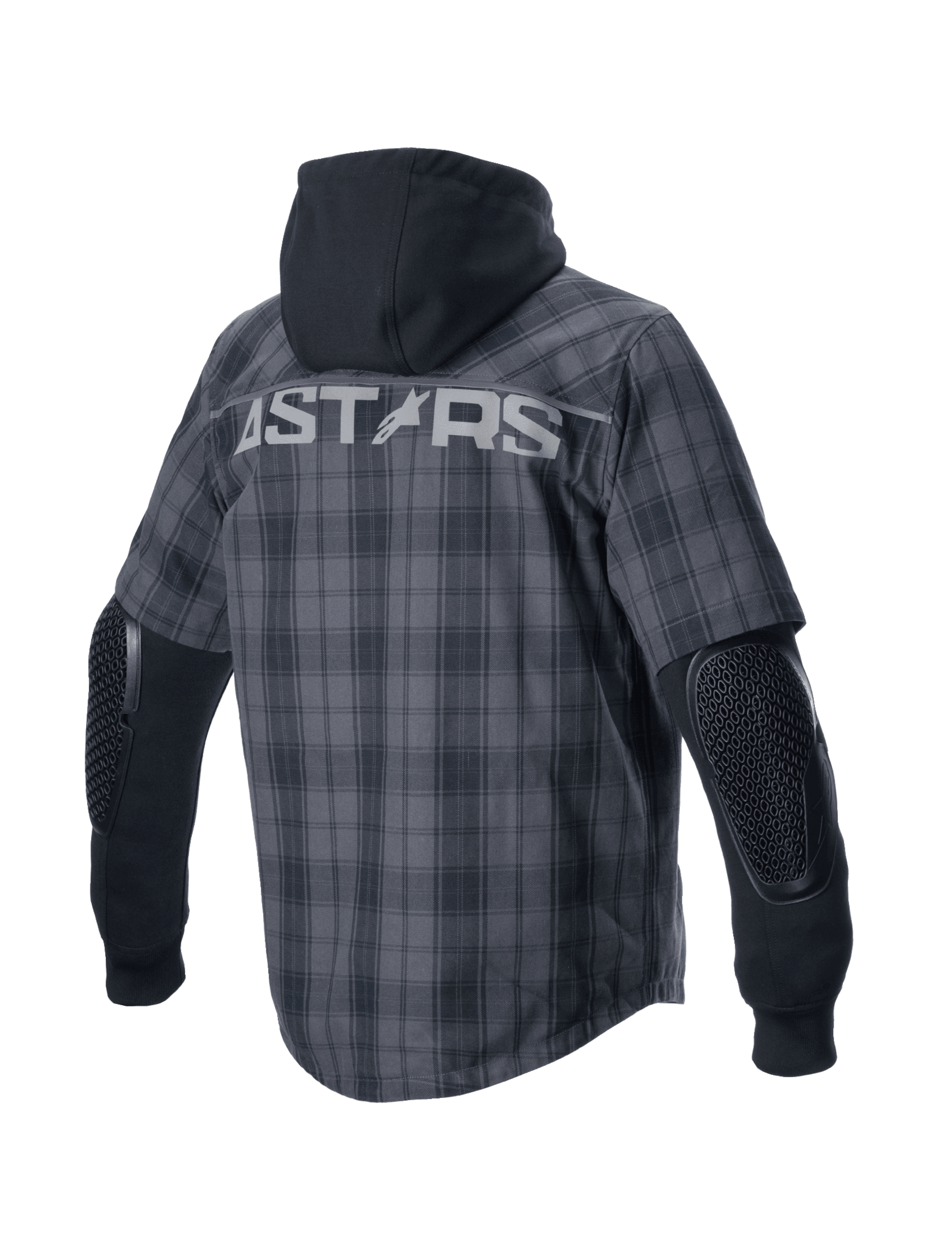 Alpinestars camicia MO.ST.EQ Tartan grigia e nera, giacca da moto urban con cappuccio, protezioni esposte e logo Astars.