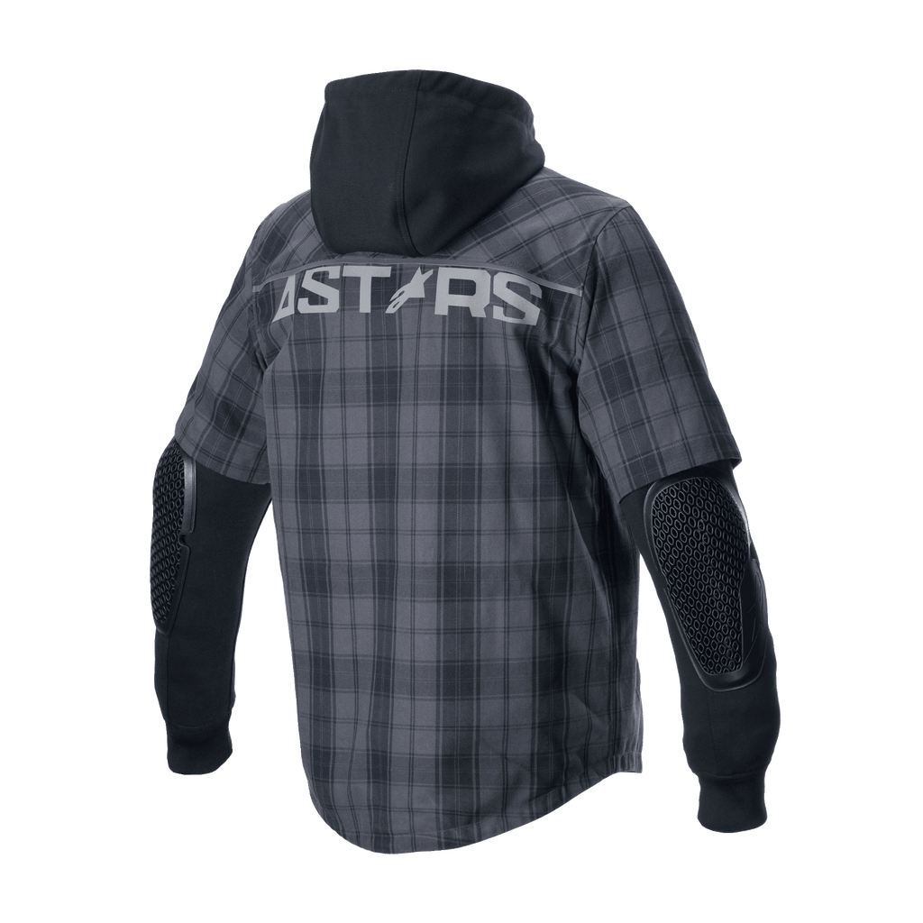 Alpinestars MO.ST.EQ Tartan Shirt, giacca da moto urbana, grigio e nero, vista posteriore con marchio 'ASTARS' sulle spalle, cappuccio nero fisso e protezioni a nido d'ape esposte sui gomiti su maniche lunghe nere