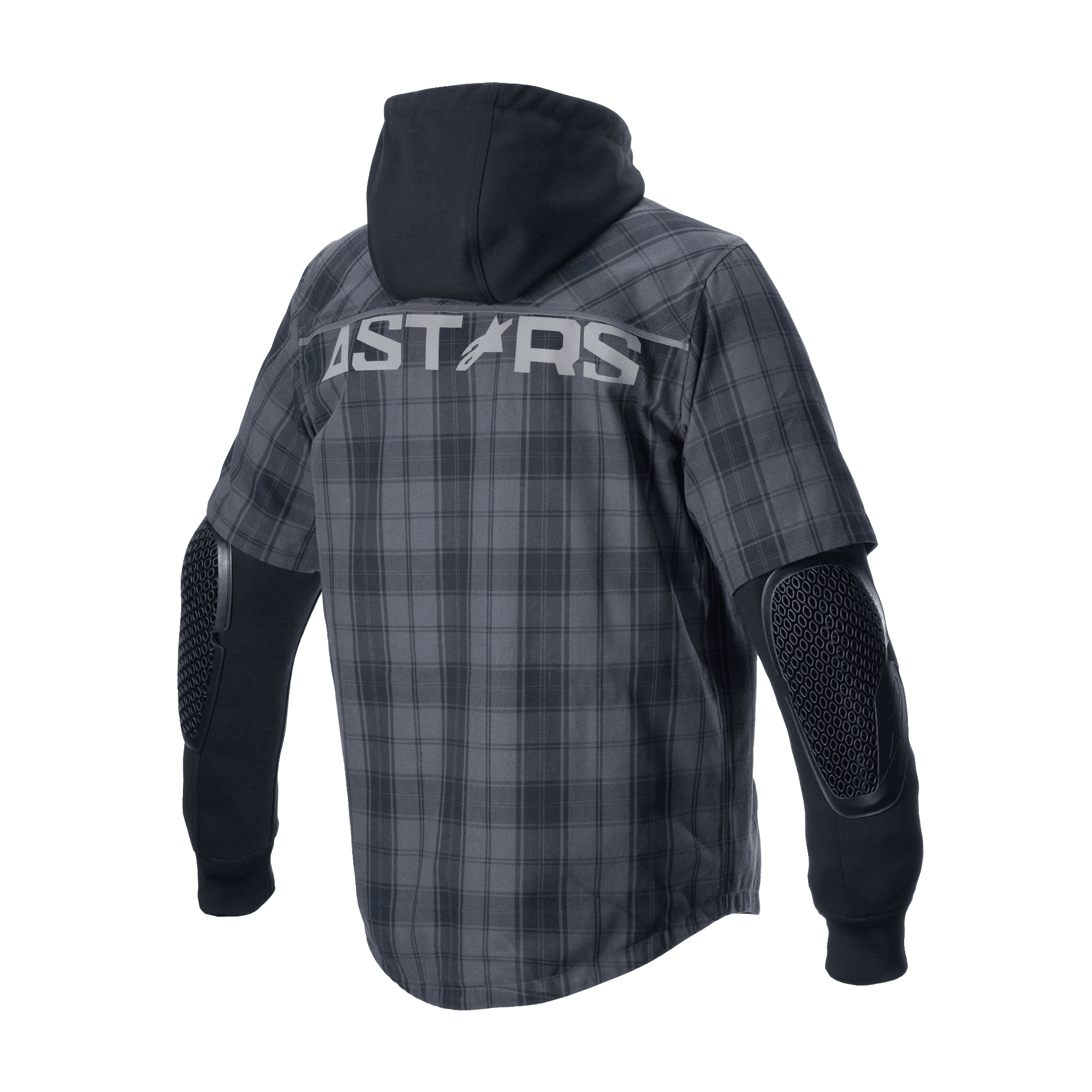 Alpinestars MO.ST.EQ Tartan Shirt, giacca da moto urbana, grigio e nero, vista posteriore con marchio 'ASTARS' sulle spalle, cappuccio nero fisso e protezioni a nido d'ape esposte sui gomiti su maniche lunghe nere