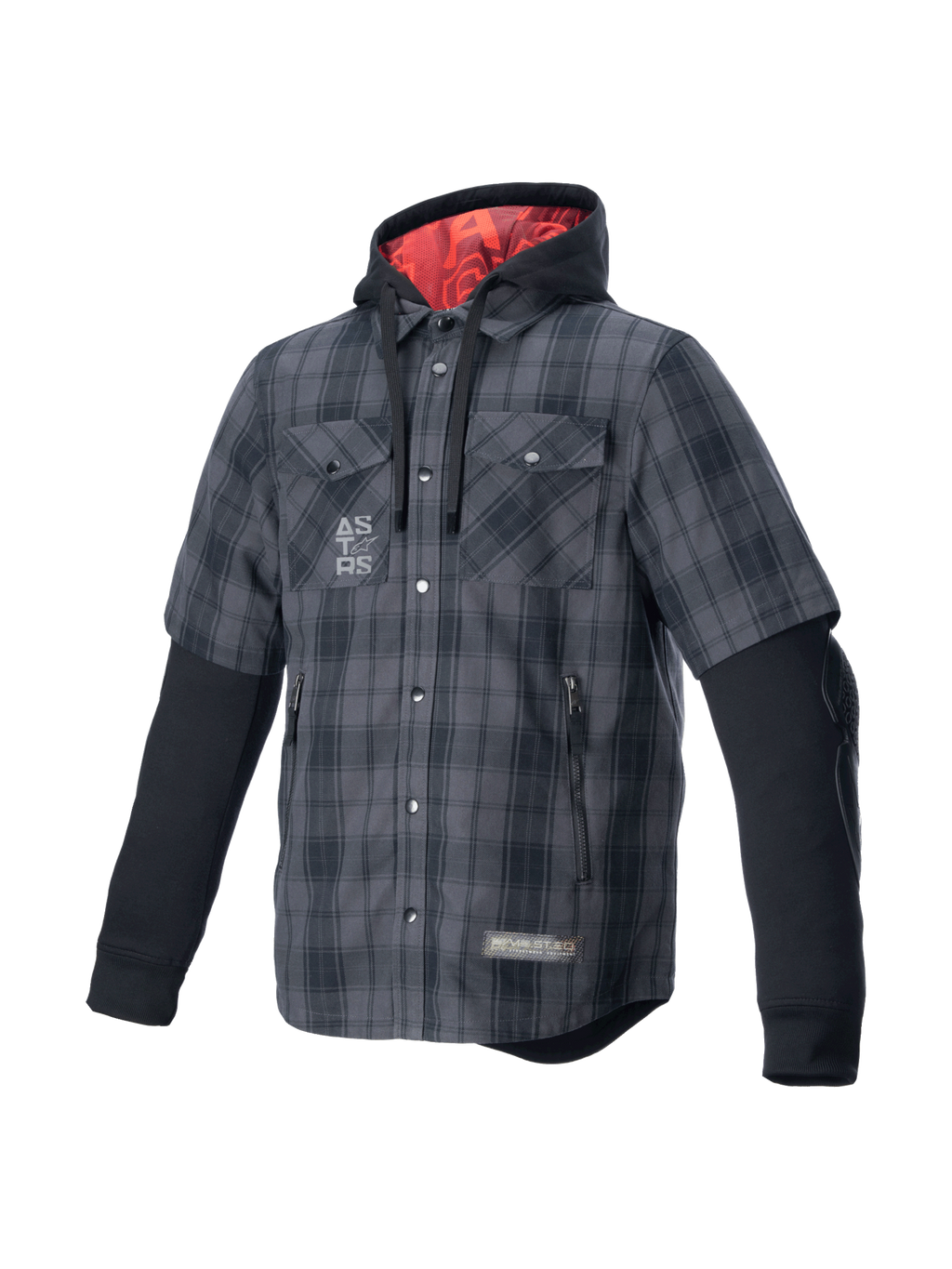 Camicia Alpinestars MO.ST.EQ Tartan, giacca da moto uomo grigio e nero con interno cappuccio rosso e protezioni Nucleon Flex.