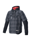 Camicia Alpinestars MO.ST.EQ Tartan, giacca da moto uomo grigio e nero con interno cappuccio rosso e protezioni Nucleon Flex.