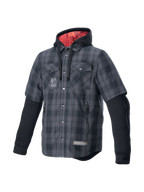 Camicia Alpinestars MO.ST.EQ Tartan, giacca da moto uomo grigio e nero con interno cappuccio rosso e protezioni Nucleon Flex.