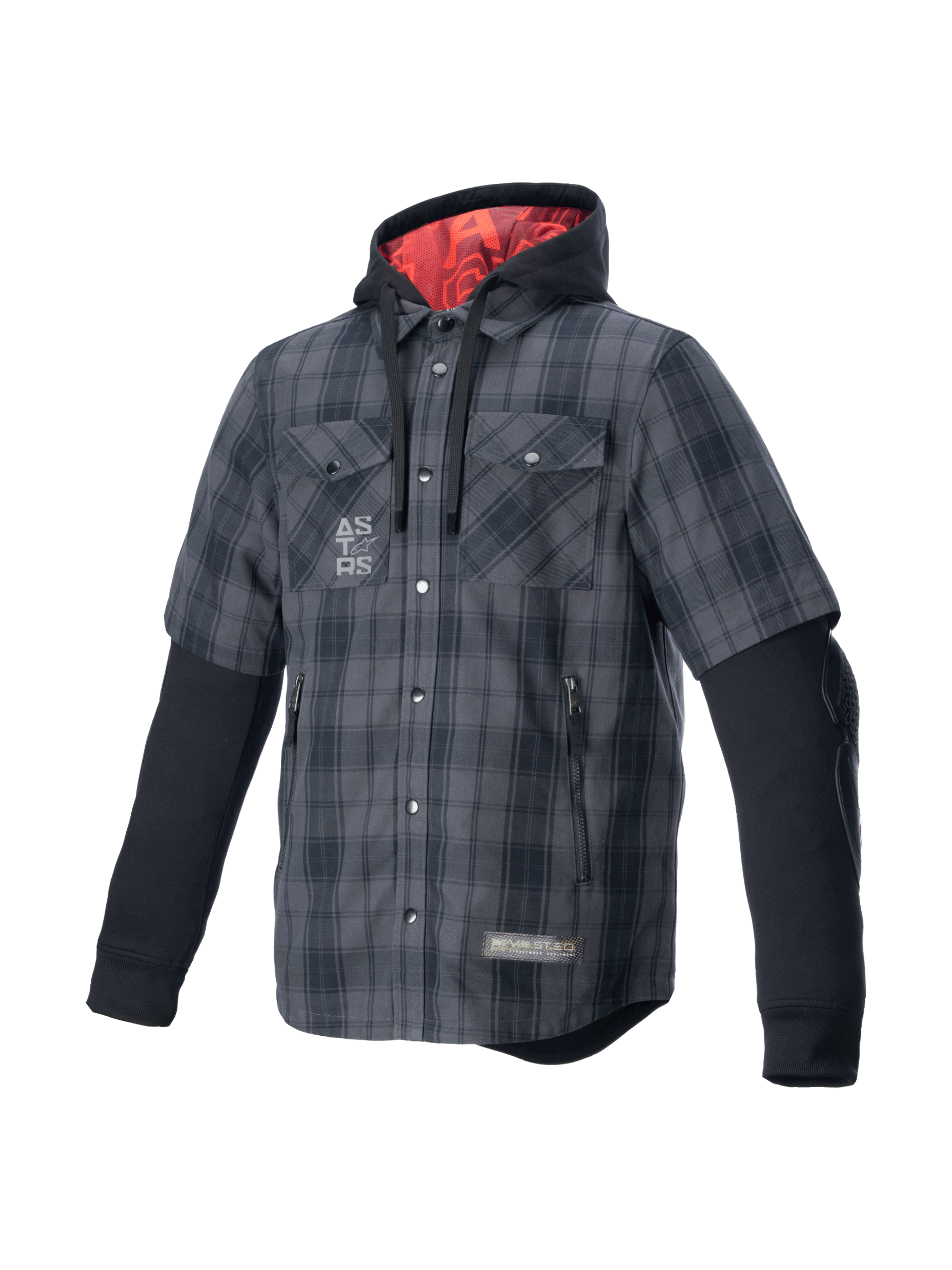 Camicia Alpinestars MO.ST.EQ Tartan, giacca da moto uomo grigio e nero con interno cappuccio rosso e protezioni Nucleon Flex.