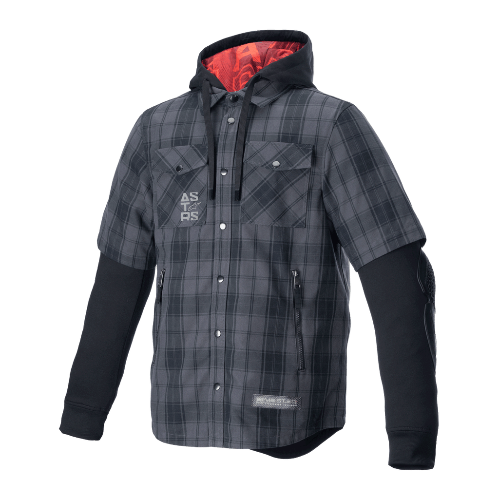 Alpinestars MO.ST.EQ Tartan Shirt, camicia-giacca protettiva da moto, motivo a scacchi Tar Gray Black, esterno a quadri a maniche corte con felpa nera a maniche lunghe integrata, fodera del cappuccio rossa, tasche sul petto e per le mani, abbigliamento casual per guida urbana