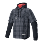 Alpinestars MO.ST.EQ Tartan Shirt, camicia-giacca protettiva da moto, motivo a scacchi Tar Gray Black, esterno a quadri a maniche corte con felpa nera a maniche lunghe integrata, fodera del cappuccio rossa, tasche sul petto e per le mani, abbigliamento casual per guida urbana