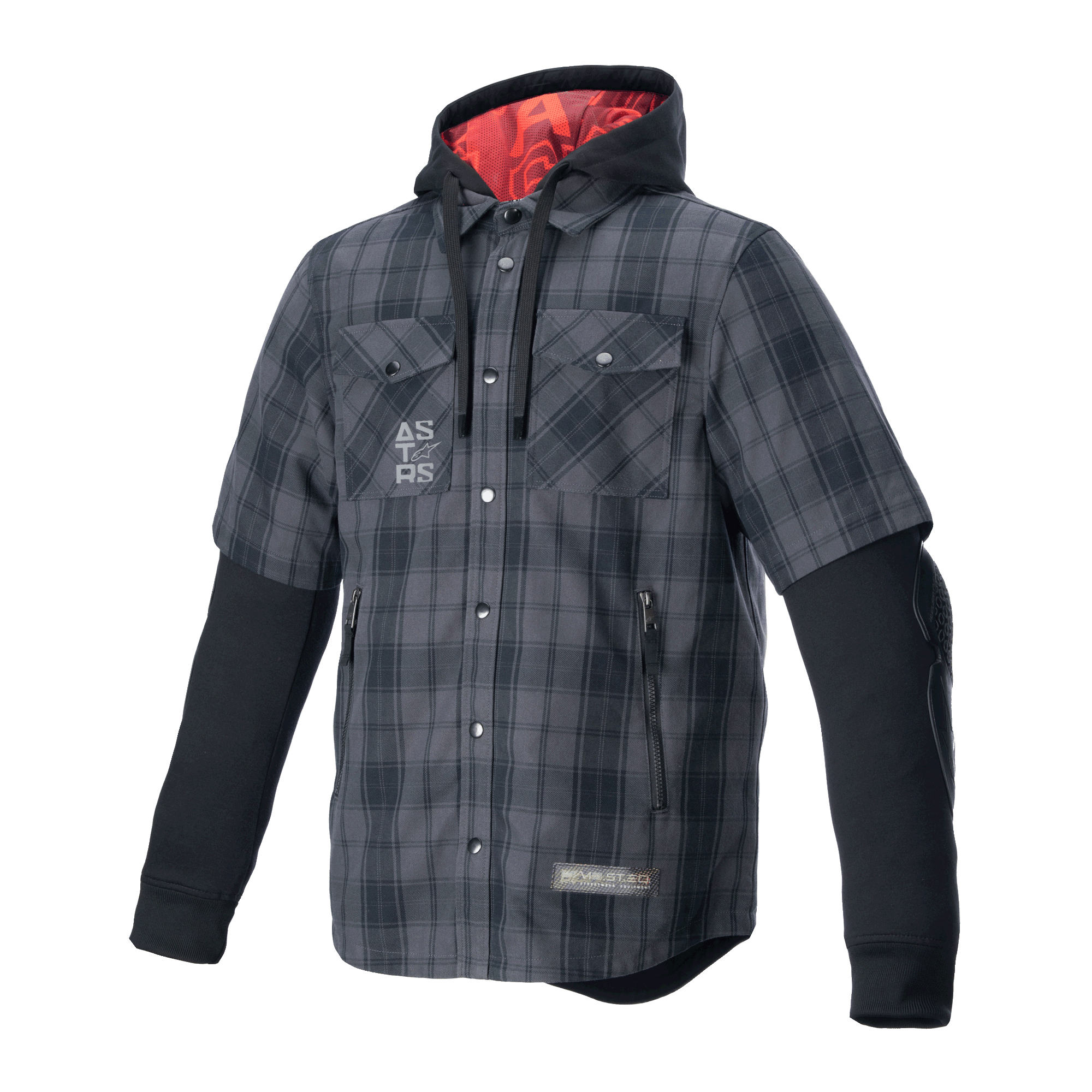 Alpinestars MO.ST.EQ Tartan Shirt, camicia-giacca protettiva da moto, motivo a scacchi Tar Gray Black, esterno a quadri a maniche corte con felpa nera a maniche lunghe integrata, fodera del cappuccio rossa, tasche sul petto e per le mani, abbigliamento casual per guida urbana