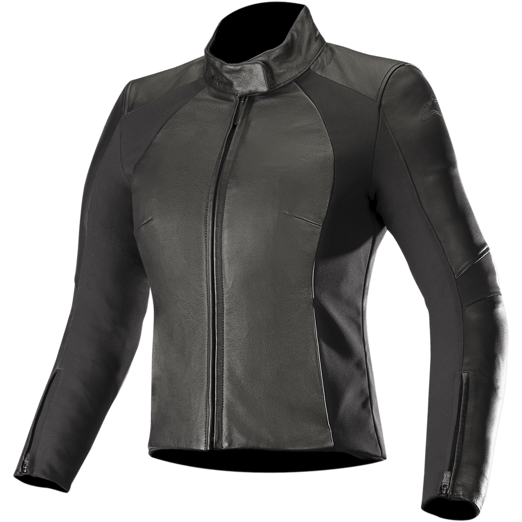 Giacca in pelle Alpinestars Stella Vika V2, giacca da moto da donna, nera, con vestibilità aderente, collo alto e cerniera frontale, combinazione di pelle liscia e pannelli laterali in aramide elasticizzata opaca, polsini con zip e design minimalista per la guida su strada.
