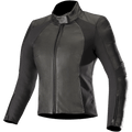 Giacca in pelle Alpinestars Stella Vika V2, giacca da moto da donna, nera, con vestibilità aderente, collo alto e cerniera frontale, combinazione di pelle liscia e pannelli laterali in aramide elasticizzata opaca, polsini con zip e design minimalista per la guida su strada.