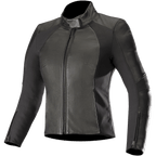 Giacca in pelle Alpinestars Stella Vika V2, giacca da moto da donna, nera, con vestibilità aderente, collo alto e cerniera frontale, combinazione di pelle liscia e pannelli laterali in aramide elasticizzata opaca, polsini con zip e design minimalista per la guida su strada.