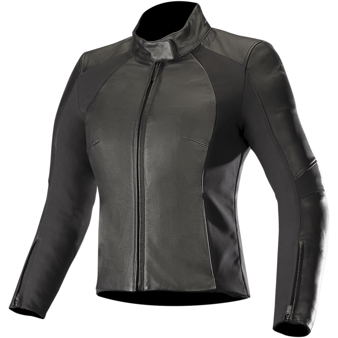Giacca in pelle Alpinestars Stella Vika V2, giacca da moto da donna, nera, con vestibilità aderente, collo alto e cerniera frontale, combinazione di pelle liscia e pannelli laterali in aramide elasticizzata opaca, polsini con zip e design minimalista per la guida su strada.