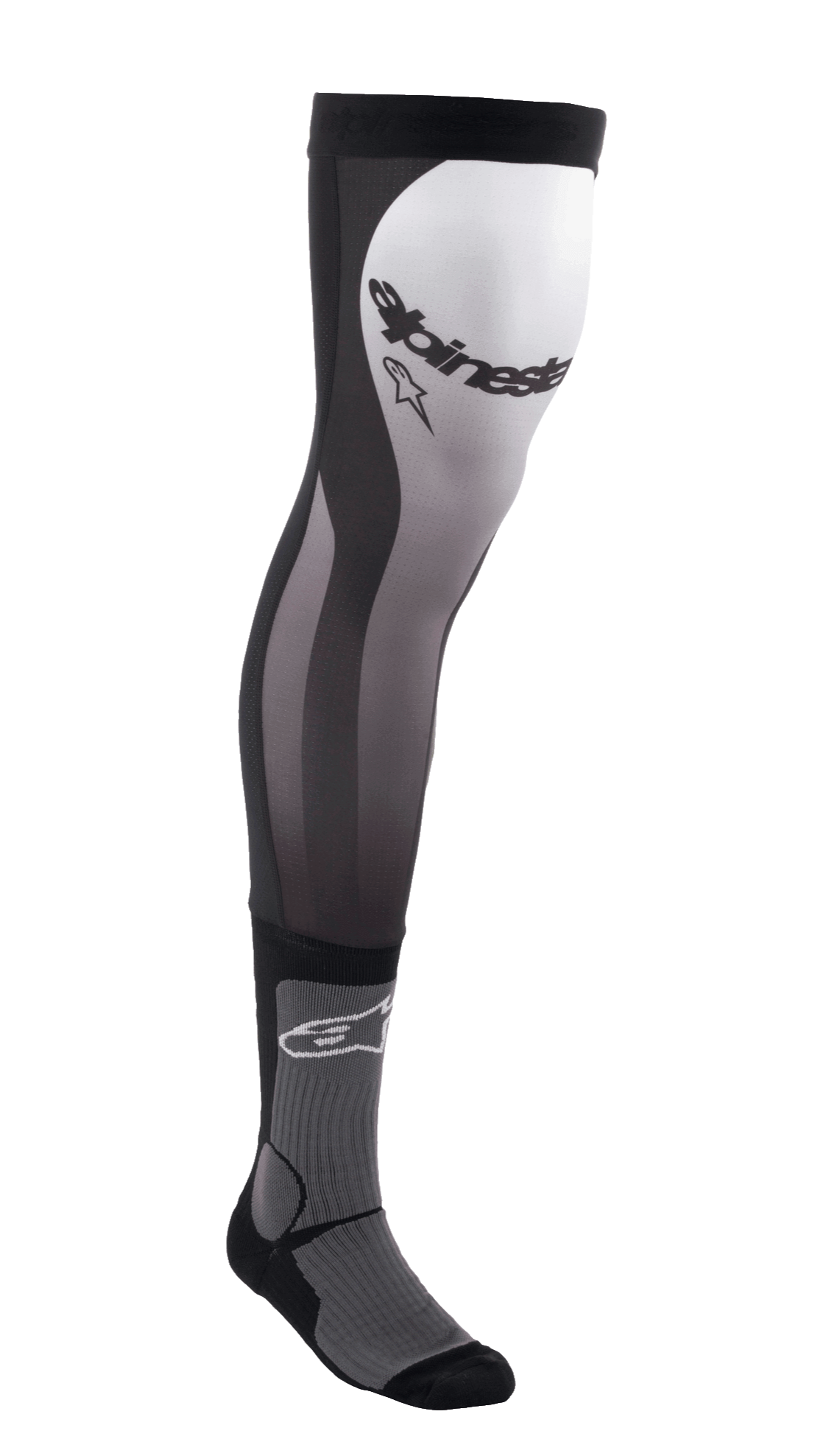 Alpinestars Knee Brace Socks, calze lunghe da motocross, nero, bianco e grigio, design sopra il ginocchio con parte superiore in Lycra elasticizzata, inserti in rete, imbottitura della caviglia a costine e logo Alpinestars sulla coscia
