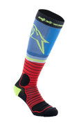 Alpinestars MX Pro Socks V2, calzini da motocross al ginocchio, nero rosso e azzurro, design sportivo a costine con logo a stella giallo, tessuto tecnico traspirante per corse off-road