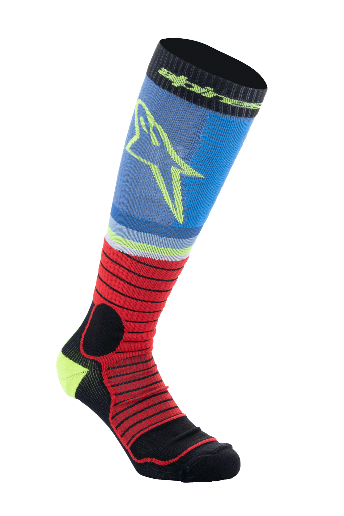 Alpinestars MX Pro Socks V2, calzini da motocross al ginocchio, nero rosso e azzurro, design sportivo a costine con logo a stella giallo, tessuto tecnico traspirante per corse off-road