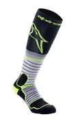Alpinestars MX Pro Socks V2, calze da motocross, nero, grigio e giallo fluo, altezza ginocchio con design a strisce orizzontali e grande logo giallo, dotate di imbottitura rinforzata per stivali da moto fuoristrada