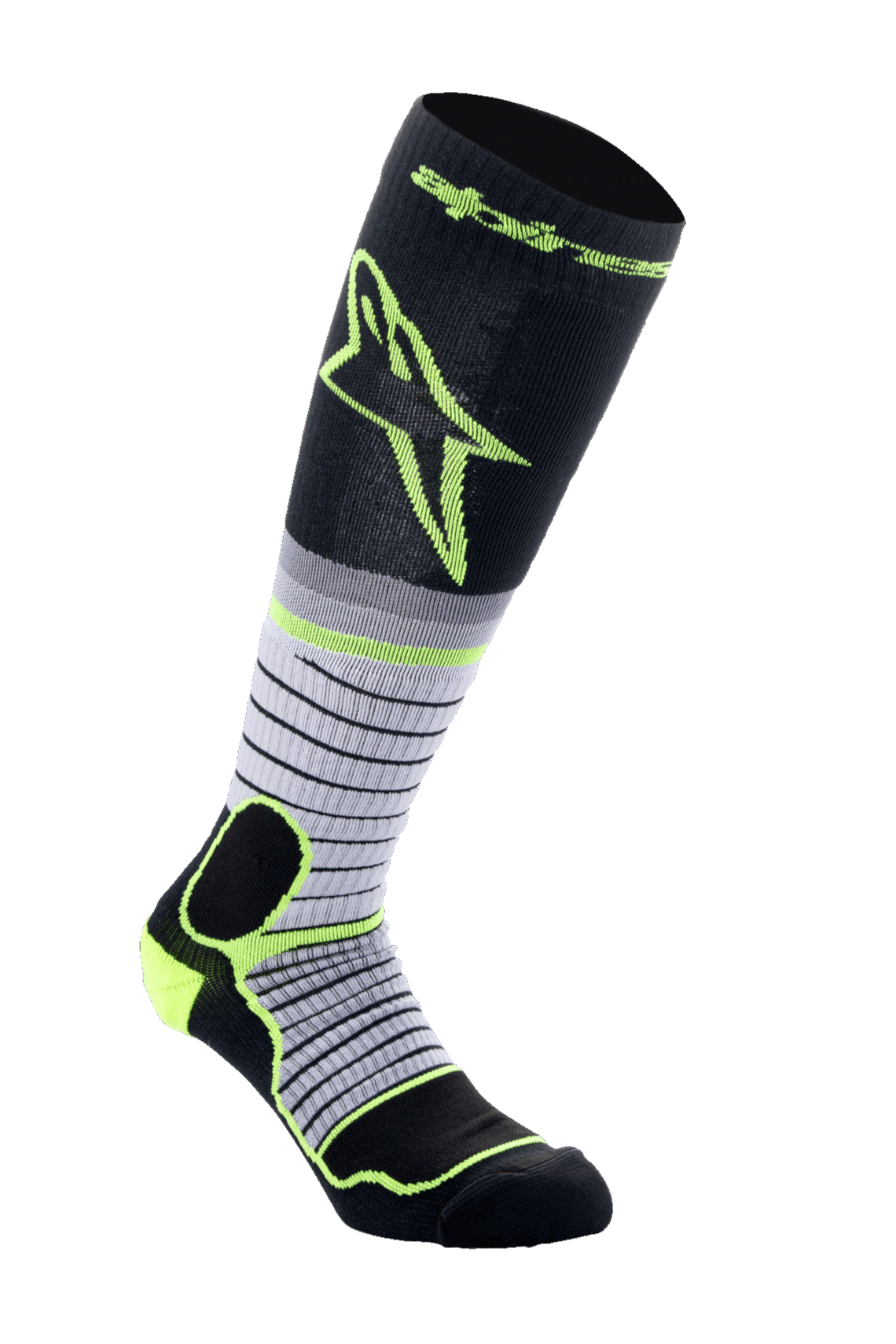 Alpinestars MX Pro Socks V2, calze da motocross, nero, grigio e giallo fluo, altezza ginocchio con design a strisce orizzontali e grande logo giallo, dotate di imbottitura rinforzata per stivali da moto fuoristrada