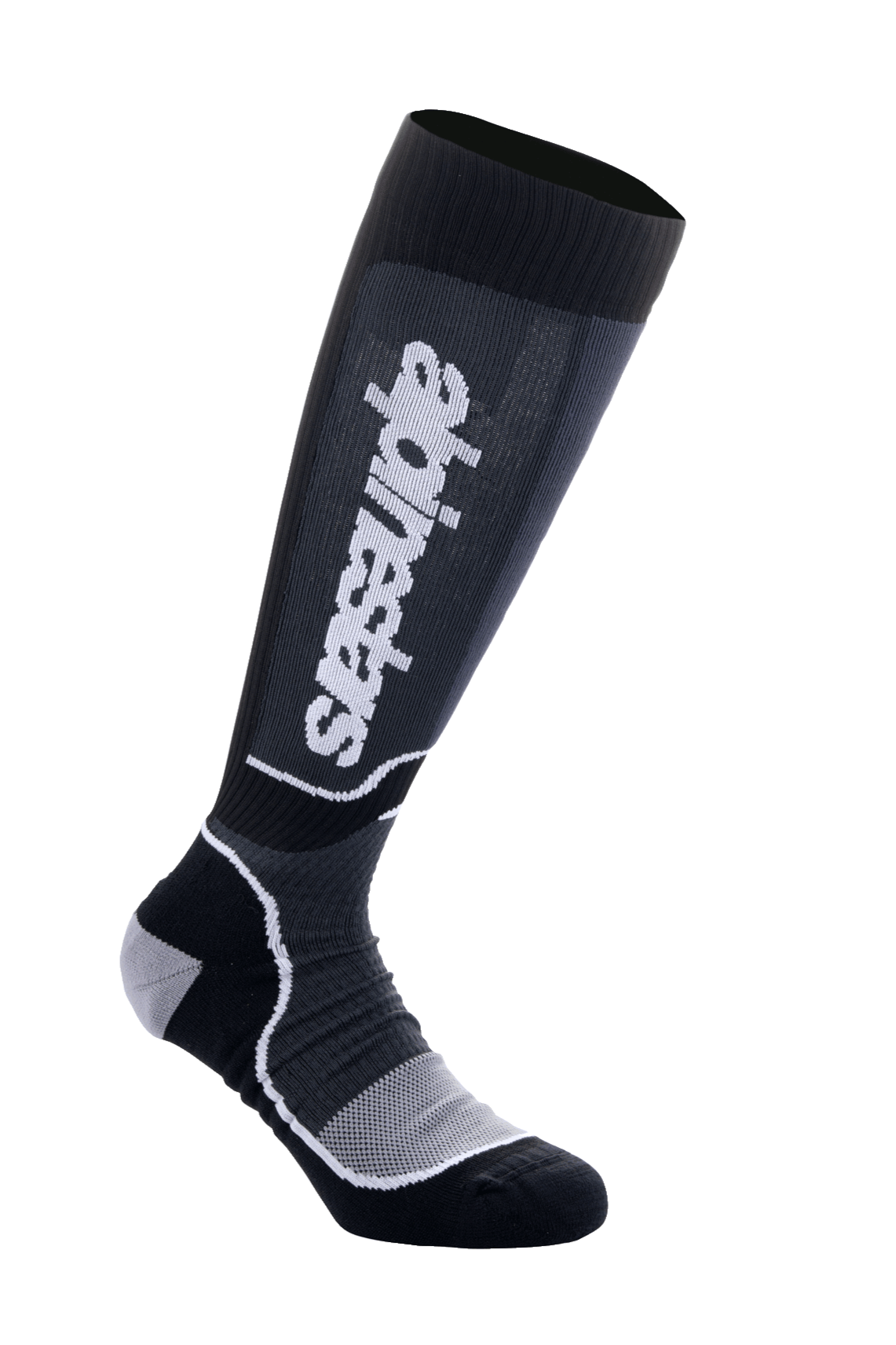 Alpinestars MX Plus Socks, calze da motocross alte fino al ginocchio, nero e grigio, logo bianco, con supporto a coste sul polpaccio, tallone e punta rinforzati e zona del piede in mesh traspirante, design tecnico per stivali off-road