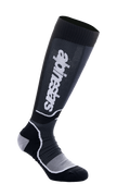 Alpinestars MX Plus Socks, calze da motocross alte fino al ginocchio, nero e grigio, logo bianco, con supporto a coste sul polpaccio, tallone e punta rinforzati e zona del piede in mesh traspirante, design tecnico per stivali off-road