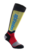 Alpinestars MX Plus Socks, calze da motocross, nero, giallo e rosso con logo blu, design altezza al ginocchio con trama a costine e imbottitura grigia rinforzata, calze tecniche per performance fuoristrada