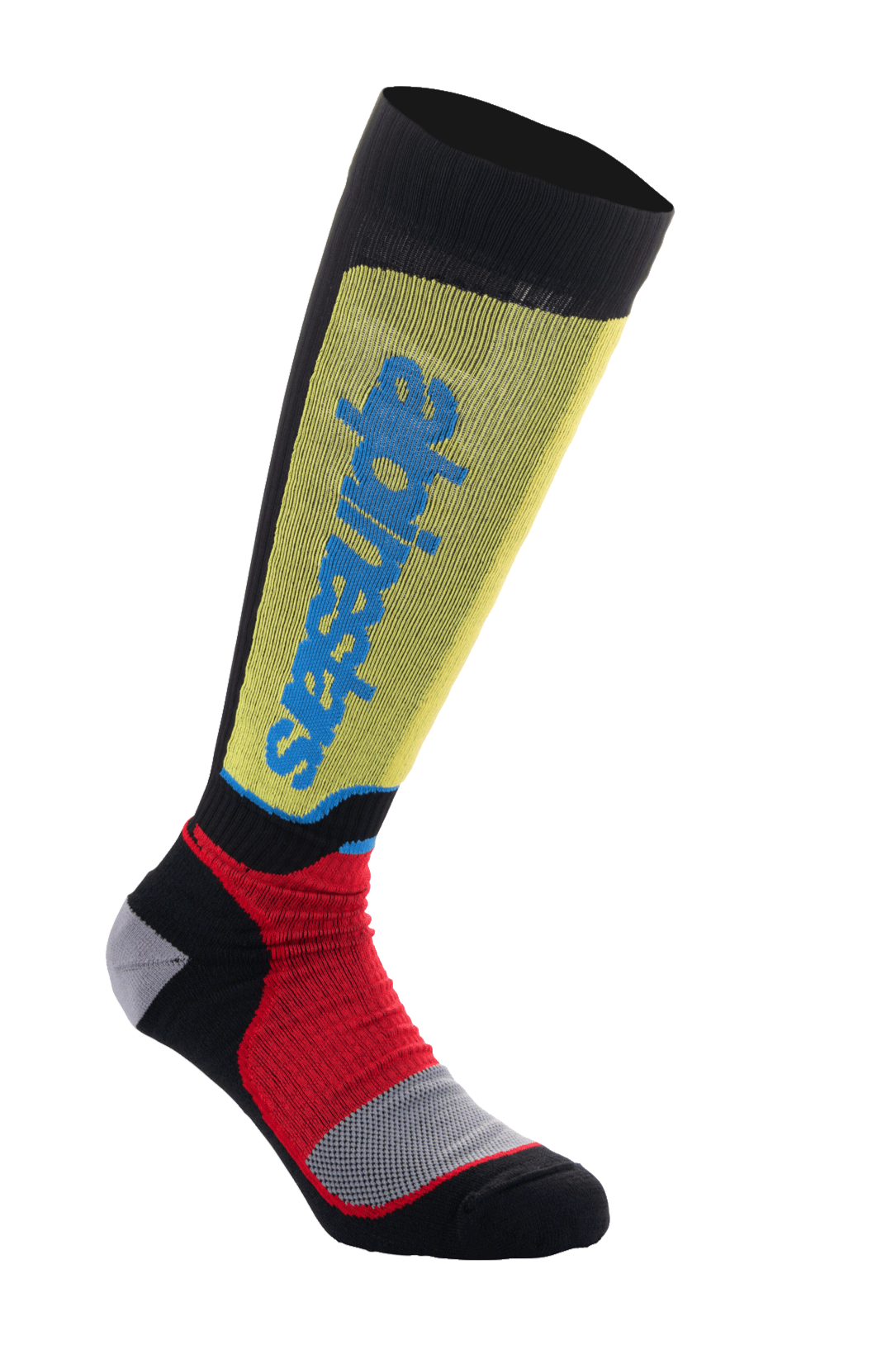 Alpinestars MX Plus Socks, calze da motocross, nero, giallo e rosso con logo blu, design altezza al ginocchio con trama a costine e imbottitura grigia rinforzata, calze tecniche per performance fuoristrada