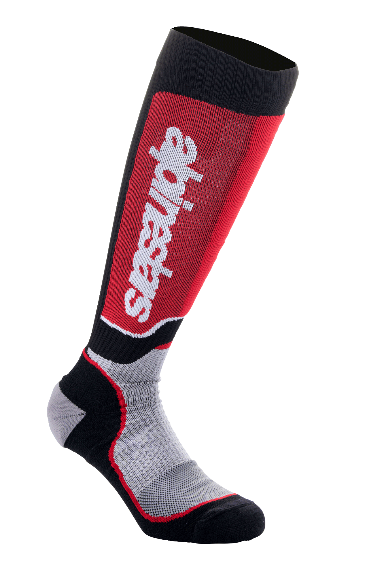 Alpinestars MX Plus Socks, calze da motocross, nero, grigio e rosso, con marchio Alpinestars bianco verticale su un pannello rosso sul polpaccio, tessuto tecnico a costine e tallone e punta rinforzati