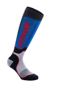 Alpinestars MX Plus Socks, calze da motocross, nero, blu reale e grigio, con logo Alpinestars rosso, texture a coste per elasticità, zone di ventilazione in mesh e imbottitura rinforzata per il comfort nel fuoristrada