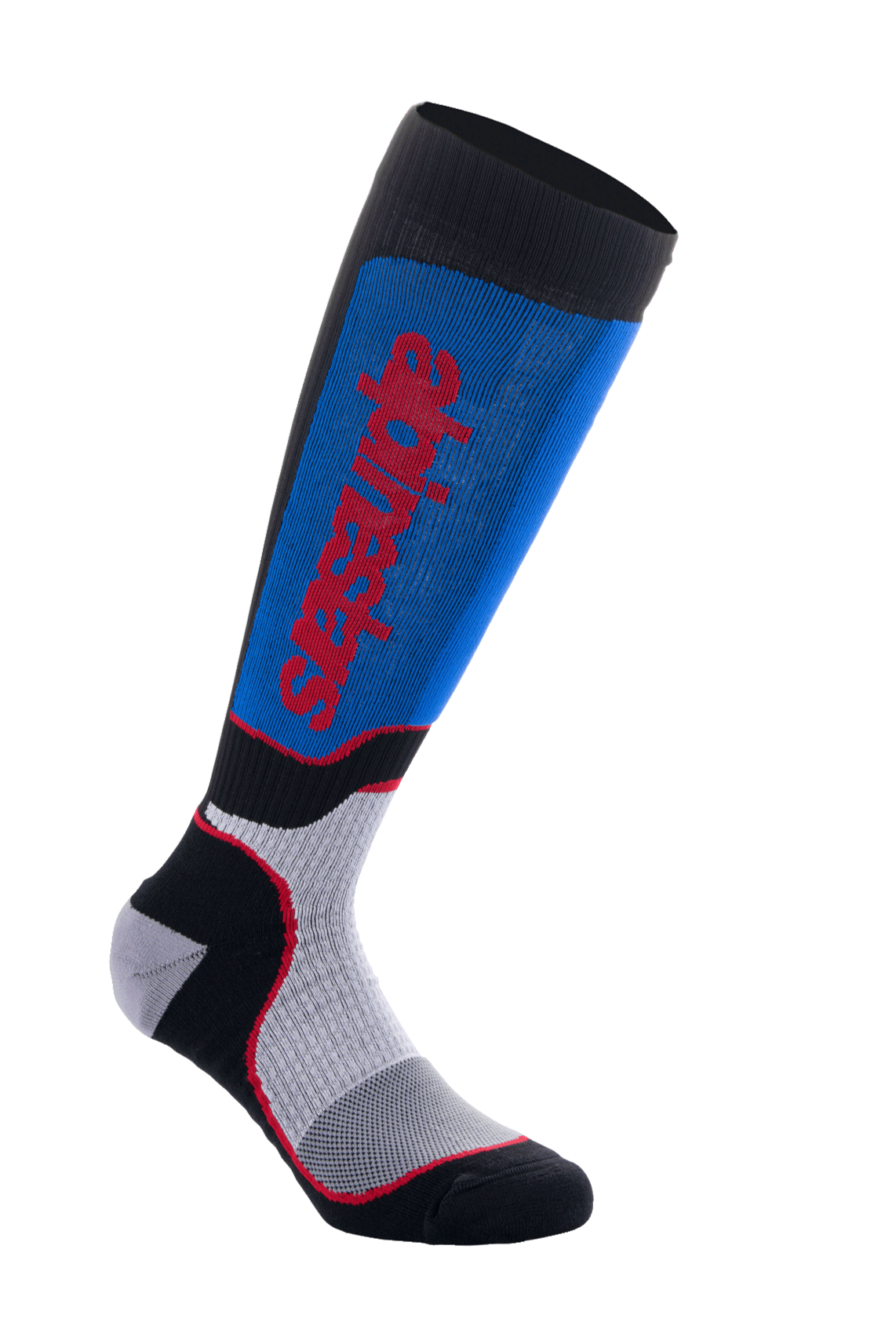 Alpinestars MX Plus Socks, calze da motocross, nero, blu reale e grigio, con logo Alpinestars rosso, texture a coste per elasticità, zone di ventilazione in mesh e imbottitura rinforzata per il comfort nel fuoristrada