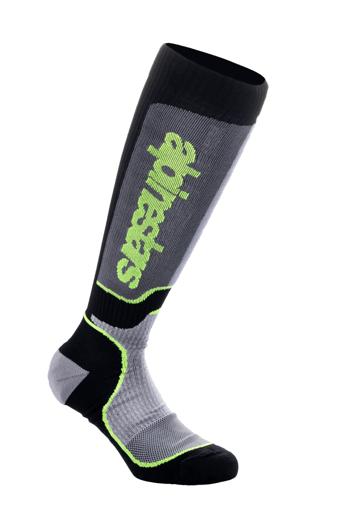 Alpinestars MX Plus Socks, calze da motocross al ginocchio, nero, grigio e giallo fluo, con branding Alpinestars verticale, texture a coste e mesh, abbigliamento tecnico da motocross