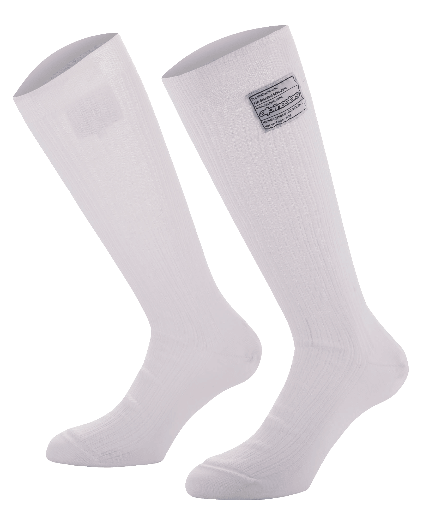 Alpinestars Race V4 Socks, calze da corsa bianche al ginocchio, struttura in Nomex a coste con etichetta di certificazione FIA, design ignifugo per motorsport professionale