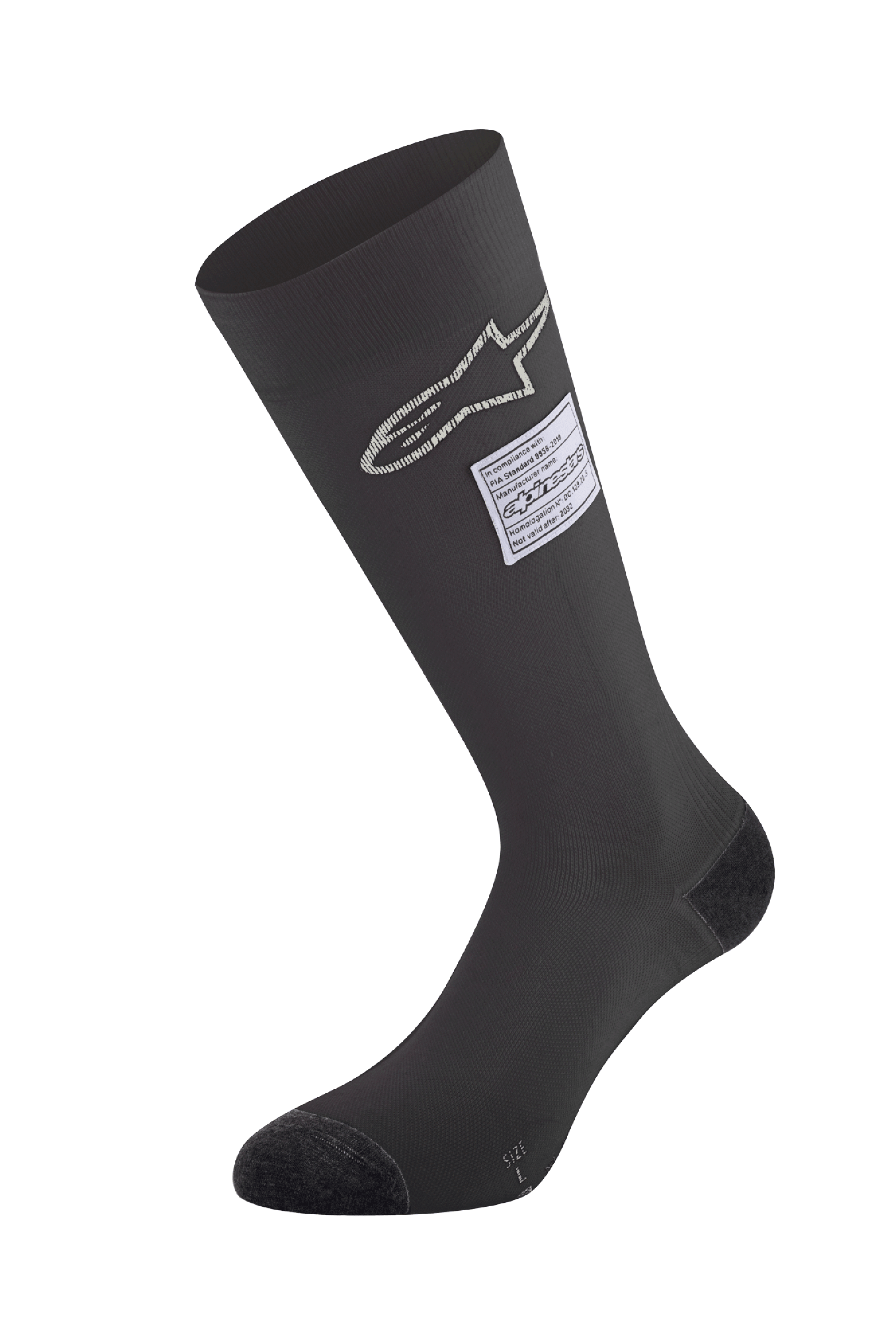 Alpinestars ZX V4 Socks, calze da auto racing nere, con logo a stella bianco ed etichetta di certificazione FIA, design senza cuciture ad altezza ginocchio con punta e tallone rinforzati, base layer ignifugo per il motorsport