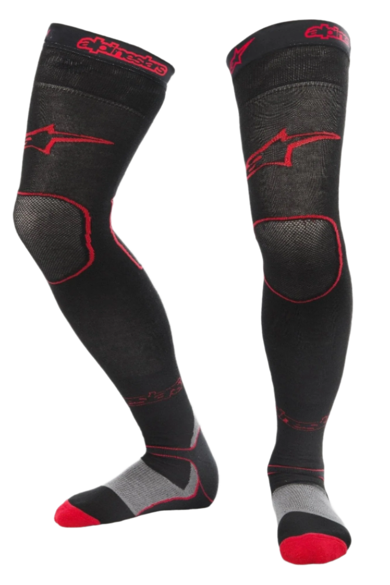 Alpinestars MX Long Tech Thick Socks, calzini da motocross, nero e rosso, lunghezza a metà coscia con loghi rossi, dettagli della suola grigi e rossi, tessuto tecnico per corse fuoristrada e stivali da motocross