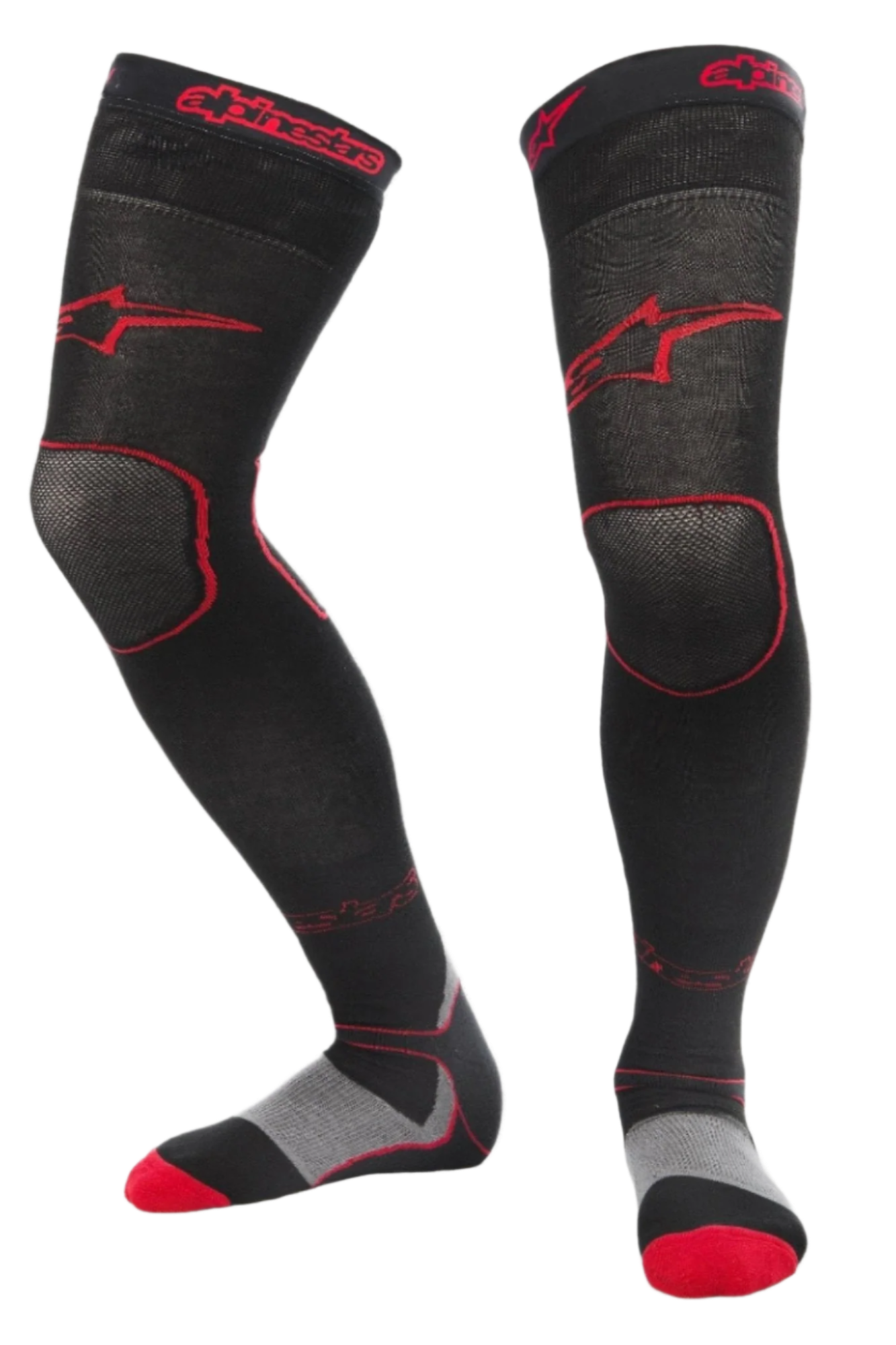 Alpinestars MX Long Tech Thick Socks, calzini da motocross, nero e rosso, lunghezza a metà coscia con loghi rossi, dettagli della suola grigi e rossi, tessuto tecnico per corse fuoristrada e stivali da motocross