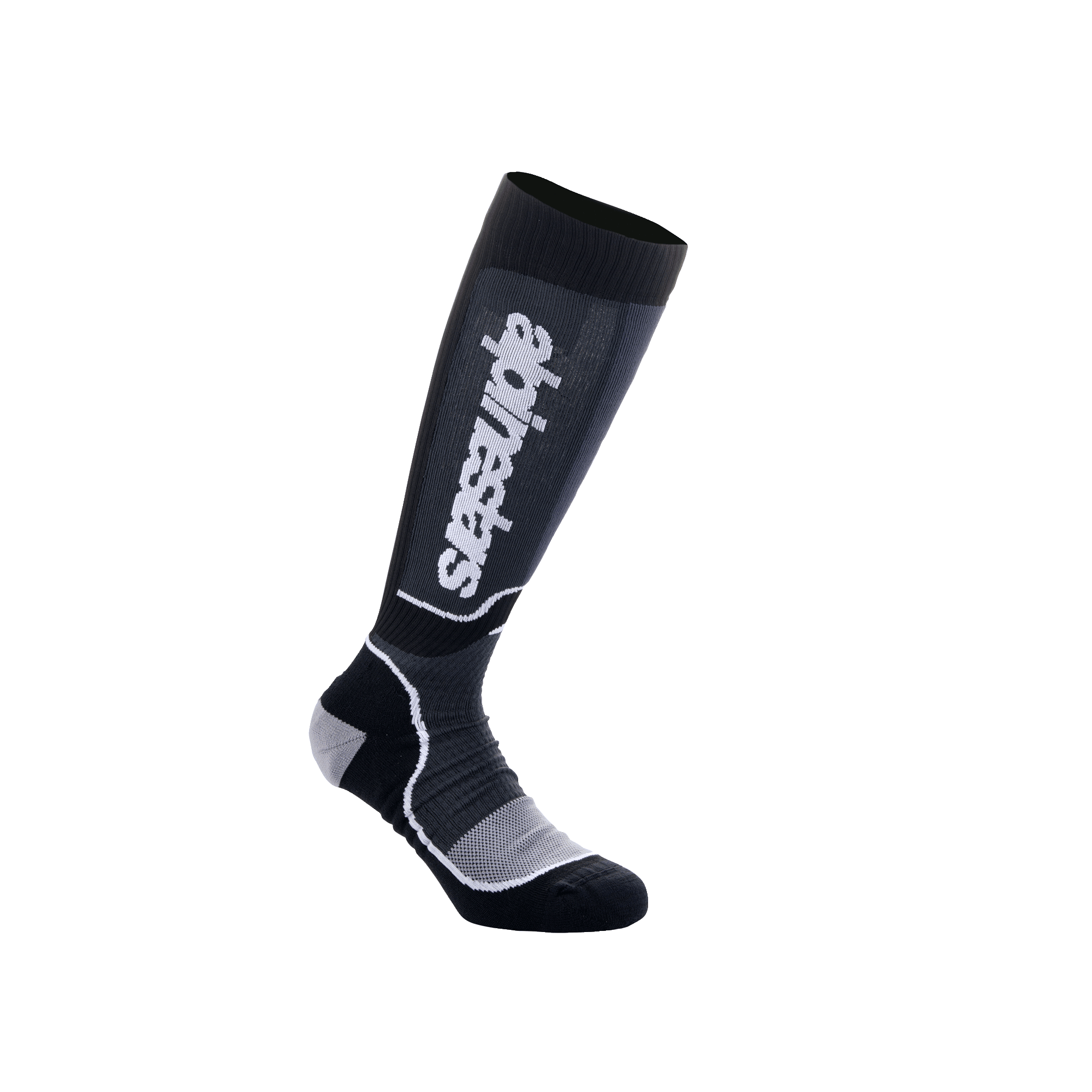 Alpinestars Youth MX Plus Socks, calzini da motocross al ginocchio, neri e grigi, con logo Alpinestars bianco, texture a coste con tallone e punta rinforzati, costruzione traspirante a strato singolo per prestazioni fuoristrada