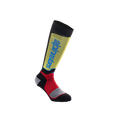 Alpinestars Youth MX Plus Socks, calze da motocross per ragazzi, nero con accenti gialli, rossi e azzurri, lunghezza al ginocchio, con struttura a coste e logo Alpinestars verticale sullo stinco