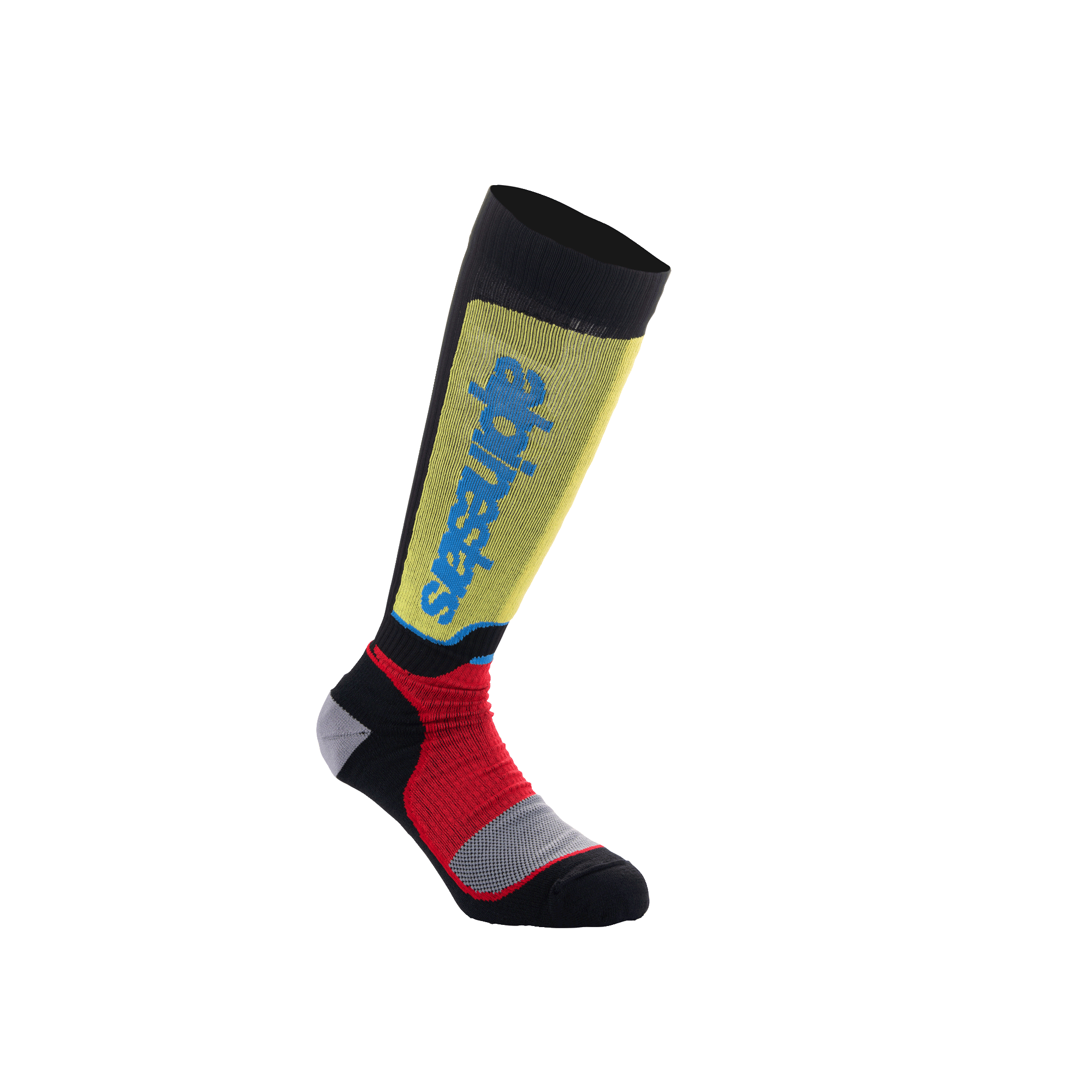 Alpinestars Youth MX Plus Socks, calze da motocross per ragazzi, nero con accenti gialli, rossi e azzurri, lunghezza al ginocchio, con struttura a coste e logo Alpinestars verticale sullo stinco