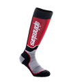 Alpinestars Youth MX Plus Socks, calze da motocross per ragazzi, nero, grigio e rosso, con logo bianco verticale sul pannello rosso sulla tibia, costruzione tecnica a strato singolo con zone in mesh traspirante, progettate per stivali da moto off-road