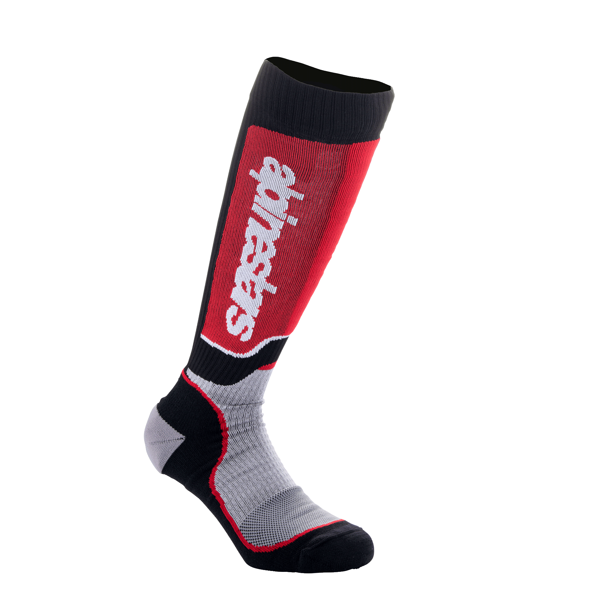 Alpinestars Youth MX Plus Socks, calze da motocross per ragazzi, nero, grigio e rosso, con logo bianco verticale sul pannello rosso sulla tibia, costruzione tecnica a strato singolo con zone in mesh traspirante, progettate per stivali da moto off-road