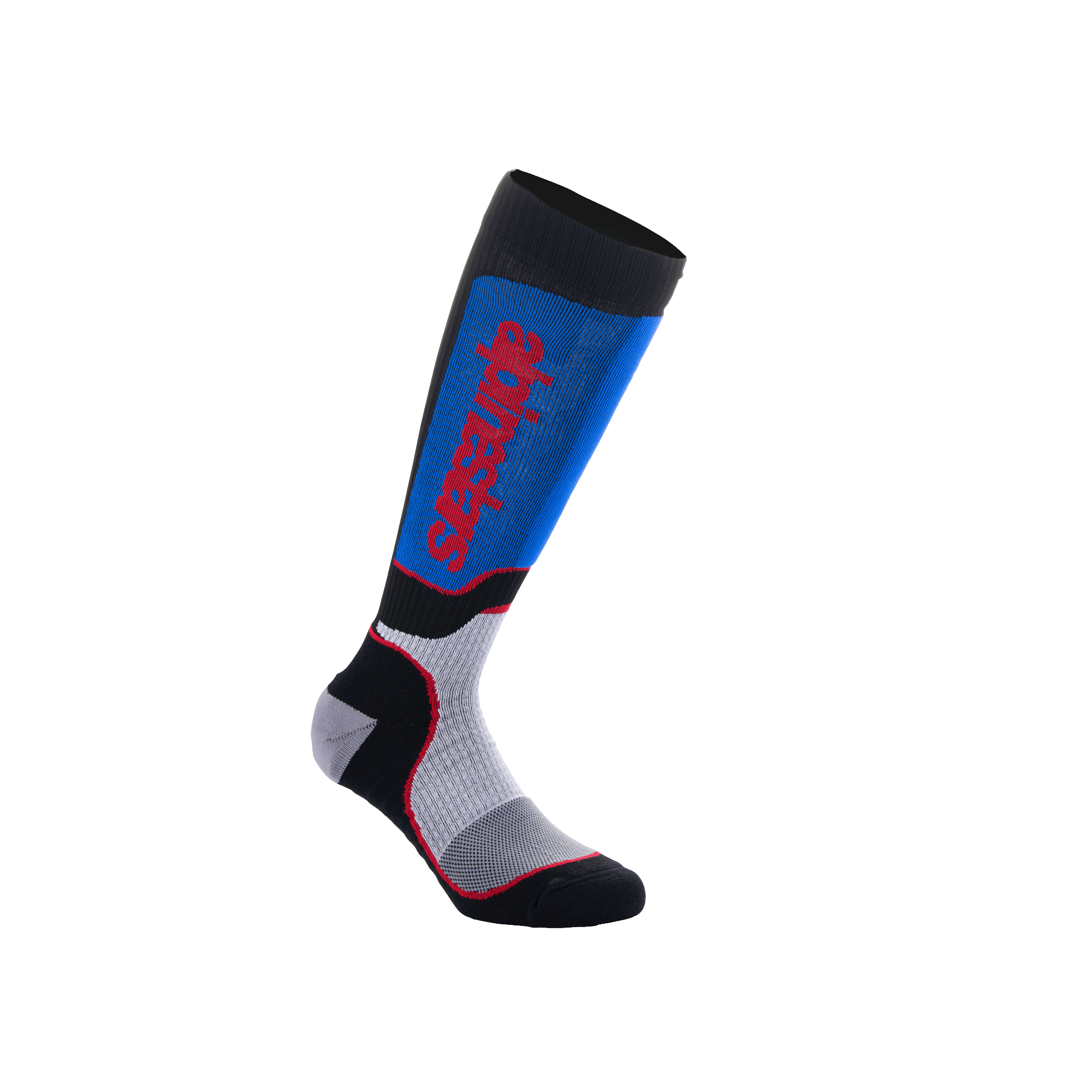Alpinestars Youth MX Plus Socks, calze da motocross al ginocchio, nero, blu royal e grigio, con logo Alpinestars rosso verticale, vestibilità a compressione a costine con tallone e punta rinforzati, abbigliamento tecnico per giovani piloti